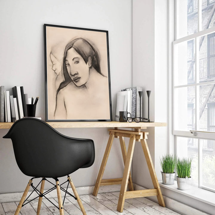 Intimate Post-Impressionist portrait poster of Paul Gauguin Heads Of Tahitian Women 1891 showing delicate line drawing from Tahiti, French Polynesia. MapYourDreams offers elegant framed prints, unframed paper posters, and stretched canvas art prints for minimalist home study setups.