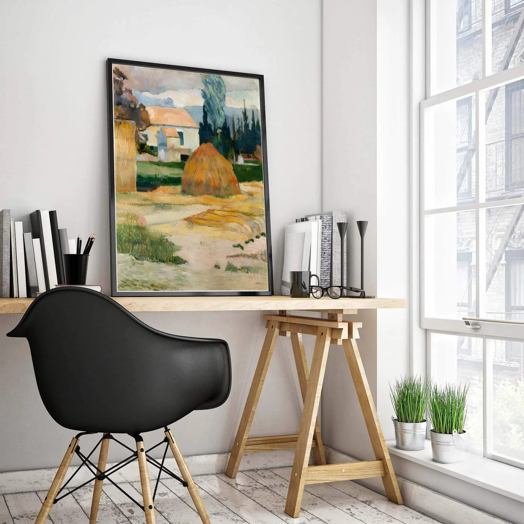 Historical French painting print of Paul Gauguin Landscape Near Arles 1888 featuring warm ochre haystacks in Arles, Provence, France. Choose custom framed wall art, unframed paper poster prints, or gallery canvas formats at MapYourDreams for a mid-century modern gallery wall setup.