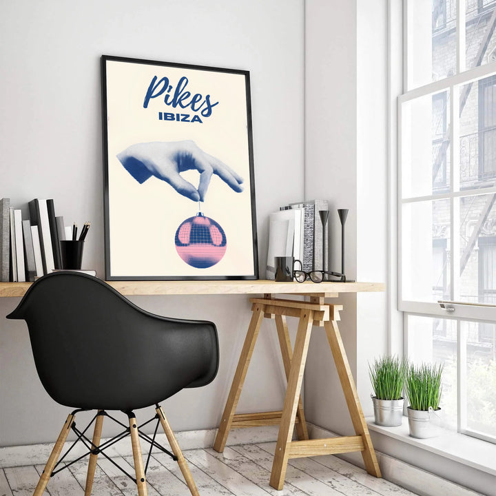 Minimalist Pikes Ibiza music poster highlighting a halftone hand and reflective disco ball design, available from MapYourDreams as an unframed print, gallery wrapped canvas decor, or custom framed print in pure gold and silver finishes to enhance contemporary bedroom interiors.