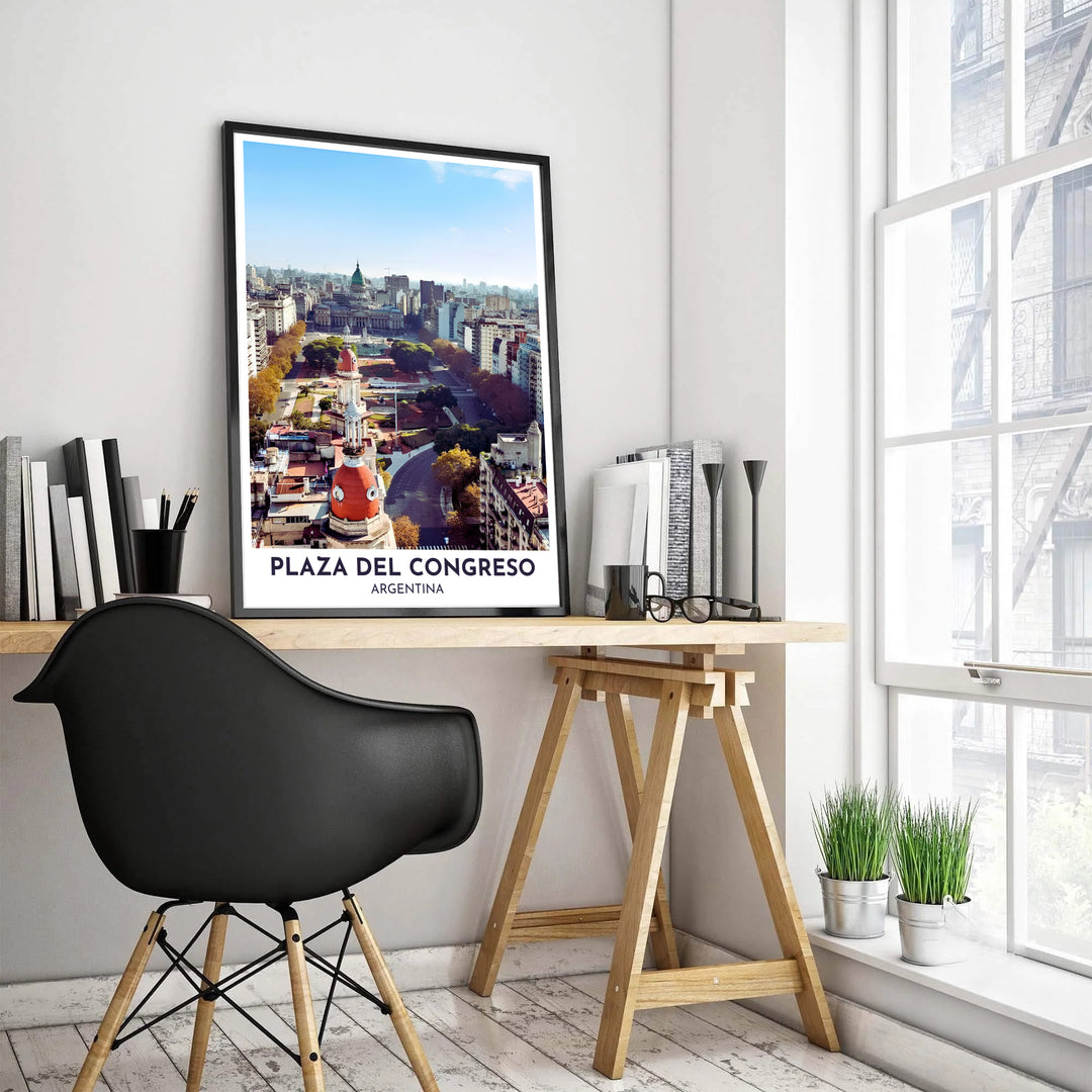 Showcasing the majestic urban landscape of central Argentina, this Plaza del Congreso wall art features an aerial perspective over historic cupolas and wide boulevards, designed by MapYourDreams in versatile formats like unframed prints, custom frames, and canvas wraps.