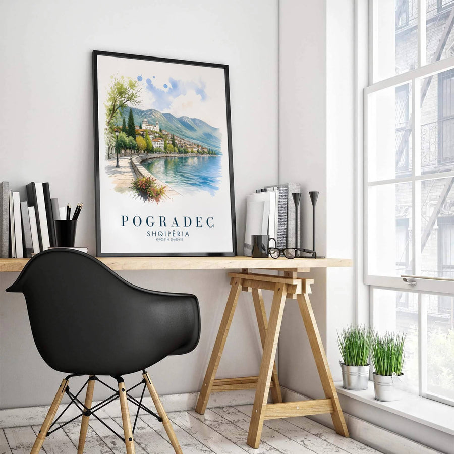 Translucent water tones frame the traditional whitewashed buildings and leafy trees of Pogradec Albania, accented by clean cartographic typography below. MapYourDreams offers this piece printed on archival stock with options for custom frames or canvas wraps to complete your gallery wall.