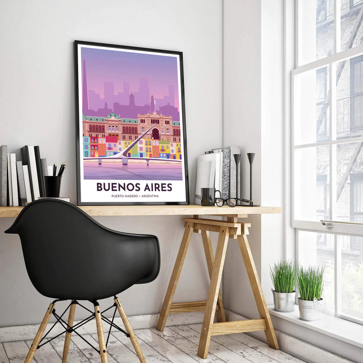 Capturing soft water reflections and colorful neighborhood architecture, this Puerto Madero art print brings creative South American charm into your home, presented by MapYourDreams with selection flexibility across unframed paper, hand-crafted frames, and canvas wraps.
