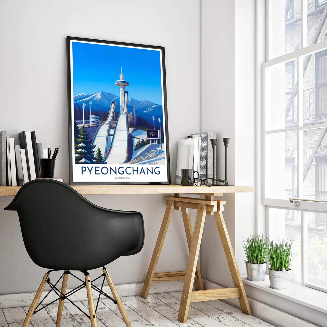 Minimalist vector illustration of Pyeongchang, South Korea, showcasing the Alpensia Ski Jumping tower with snow-capped Taebaek mountain ridges in the background. Offered by MapYourDreams, this artwork is available in flexible options including unframed paper, custom wooden frames, and gallery canvas wraps.
