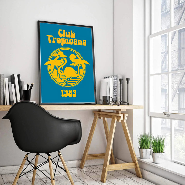 Balearic 1980s resort music poster featuring Club Tropicana lettering and a yellow flamingo badge, supplied by MapYourDreams with selection options for an unframed poster, gallery stretched canvas, or custom framed print decor for colorful apartment wall setups.