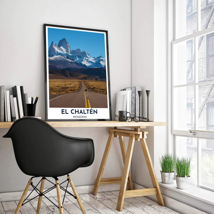 Set against a clear cerulean blue sky, this El Chaltén wall decor displays the rugged beauty of Mount Fitz Roy and the famous Patagonian highway, meticulously crafted by MapYourDreams in fine paper, solid wood framing, and floating canvas choices.