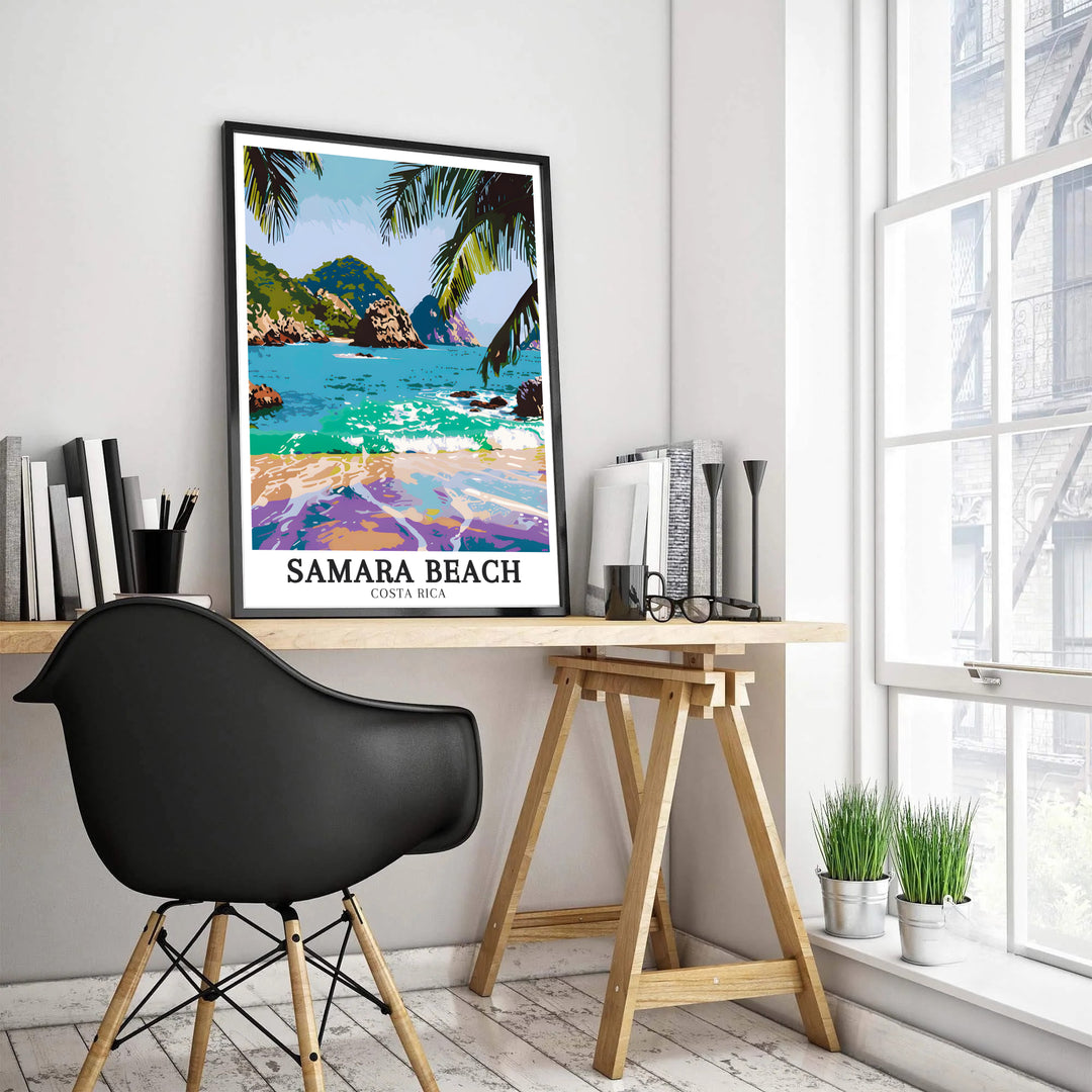 Bring Costa Rican ocean waves home with this Samara Beach travel poster design showing Isla Chora and Whale Tails Rocks. MapYourDreams features high-definition framed, unframed, and canvas formats.