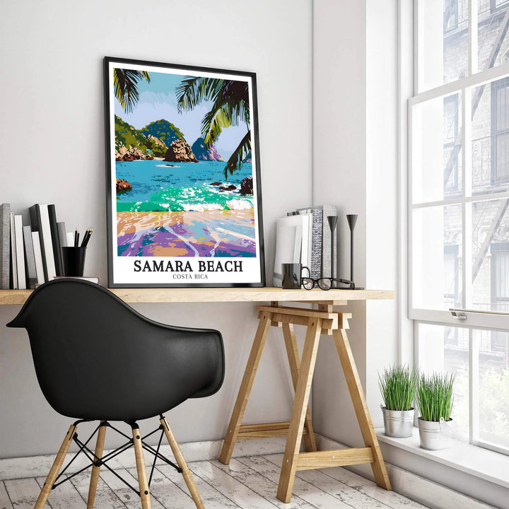 Bring Costa Rican ocean waves home with this Samara Beach travel poster design showing Isla Chora and Whale Tails Rocks. MapYourDreams features high-definition framed, unframed, and canvas formats.