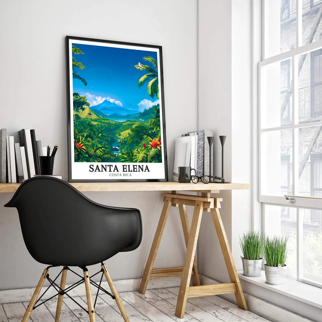 Exotic jungle birds fly past palm fronds overlooking Santa Elena and Arenal Volcano in Costa Rica on this poster design. MapYourDreams features high-definition framed, unframed, and canvas formats.