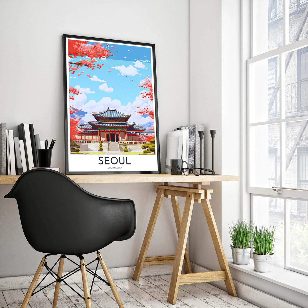 Minimalist vector illustration of Gyeongbokgung Palace in Seoul, South Korea, highlighting the intricate multi-tiered rooflines, red painted pillars, and spring cherry blossoms in full bloom. Offered by MapYourDreams, this artwork is available in flexible options including unframed paper, custom wooden frames, and gallery canvas wraps.