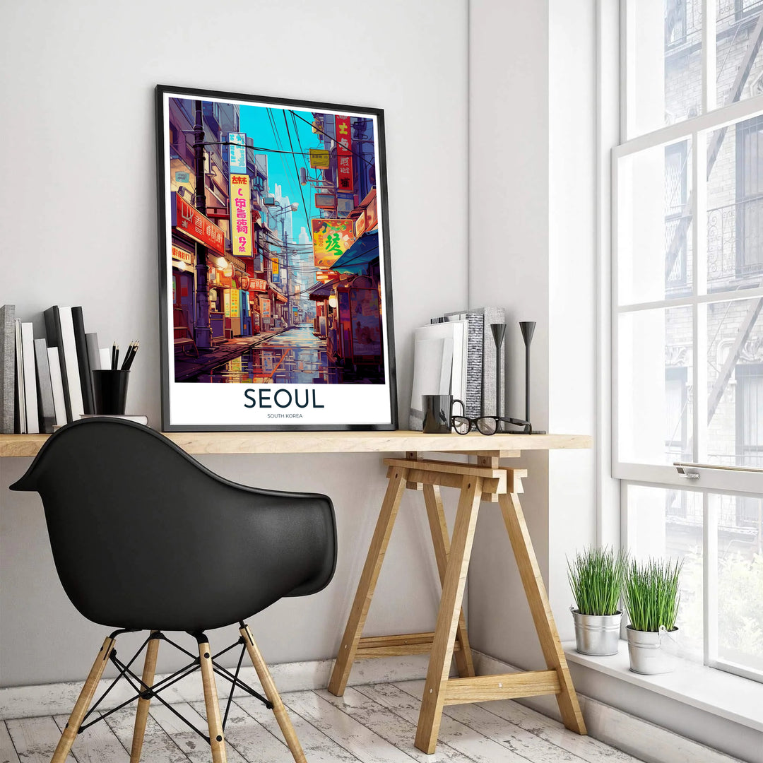 Studio Ghibli-inspired urban illustration of Seoul, South Korea, highlighting traditional food cart awnings, glowing street lights, and wet cobblestone streets reflecting brilliant crimson and yellow neon shades. Offered by MapYourDreams, this artwork is available in flexible options including unframed paper, custom wooden frames, and gallery canvas wraps.