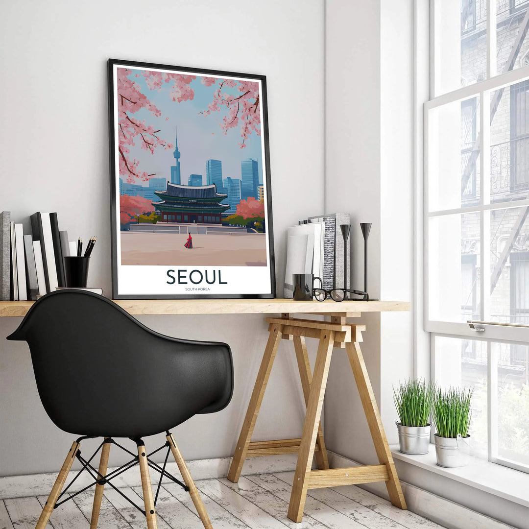 Minimalist vector illustration of Gyeongbokgung Palace in Seoul, South Korea, highlighting traditional blue-green roof tiles, pink spring trees, N Seoul Tower, and glass city buildings. Offered by MapYourDreams, this artwork is available in flexible options including unframed paper, custom wooden frames, and gallery canvas wraps.