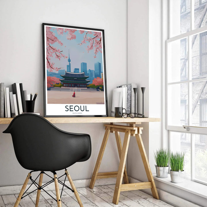 Minimalist vector illustration of Gyeongbokgung Palace in Seoul, South Korea, highlighting traditional blue-green roof tiles, pink spring trees, N Seoul Tower, and glass city buildings. Offered by MapYourDreams, this artwork is available in flexible options including unframed paper, custom wooden frames, and gallery canvas wraps.