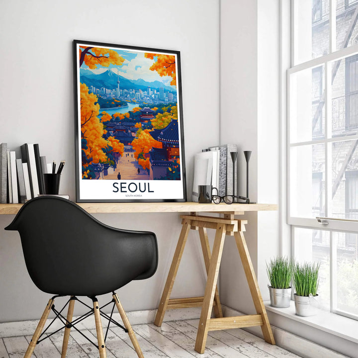 Detailed vector travel illustration of Seoul, South Korea in fall, featuring golden tree canopy framing a sweeping vista of historic tiled rooftops, modern high-rises, and Namsan Mountain. Offered by MapYourDreams, this artwork is available in flexible options including unframed paper, custom wooden frames, and gallery canvas wraps.