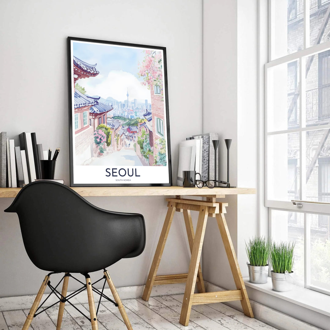 Impressionistic vector watercolor art print of Bukchon Hanok Village in Seoul, South Korea, capturing soft morning light on traditional curved rooflines, pink flora, and distant modern skyscrapers. Offered by MapYourDreams, this artwork is available in flexible options including unframed paper, custom wooden frames, and gallery canvas wraps.