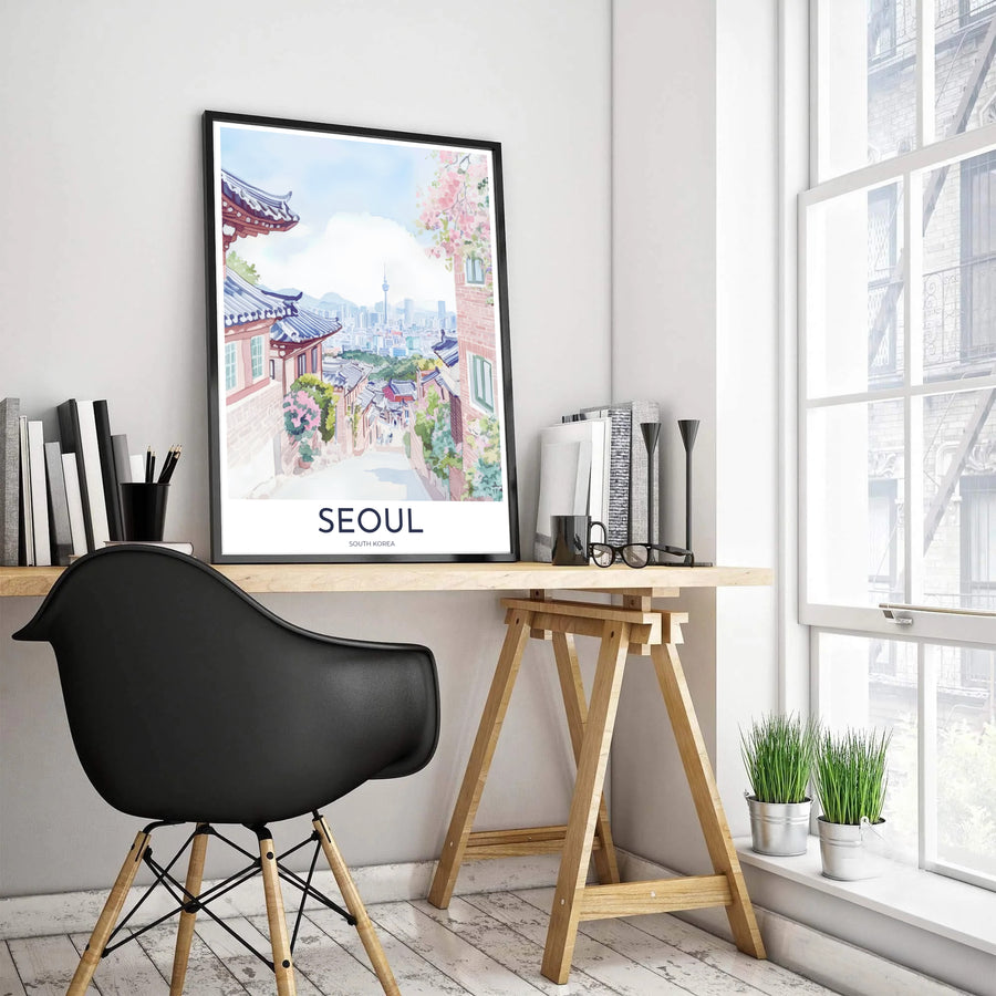 Impressionistic vector watercolor art print of Bukchon Hanok Village in Seoul, South Korea, capturing soft morning light on traditional curved rooflines, pink flora, and distant modern skyscrapers. Offered by MapYourDreams, this artwork is available in flexible options including unframed paper, custom wooden frames, and gallery canvas wraps.