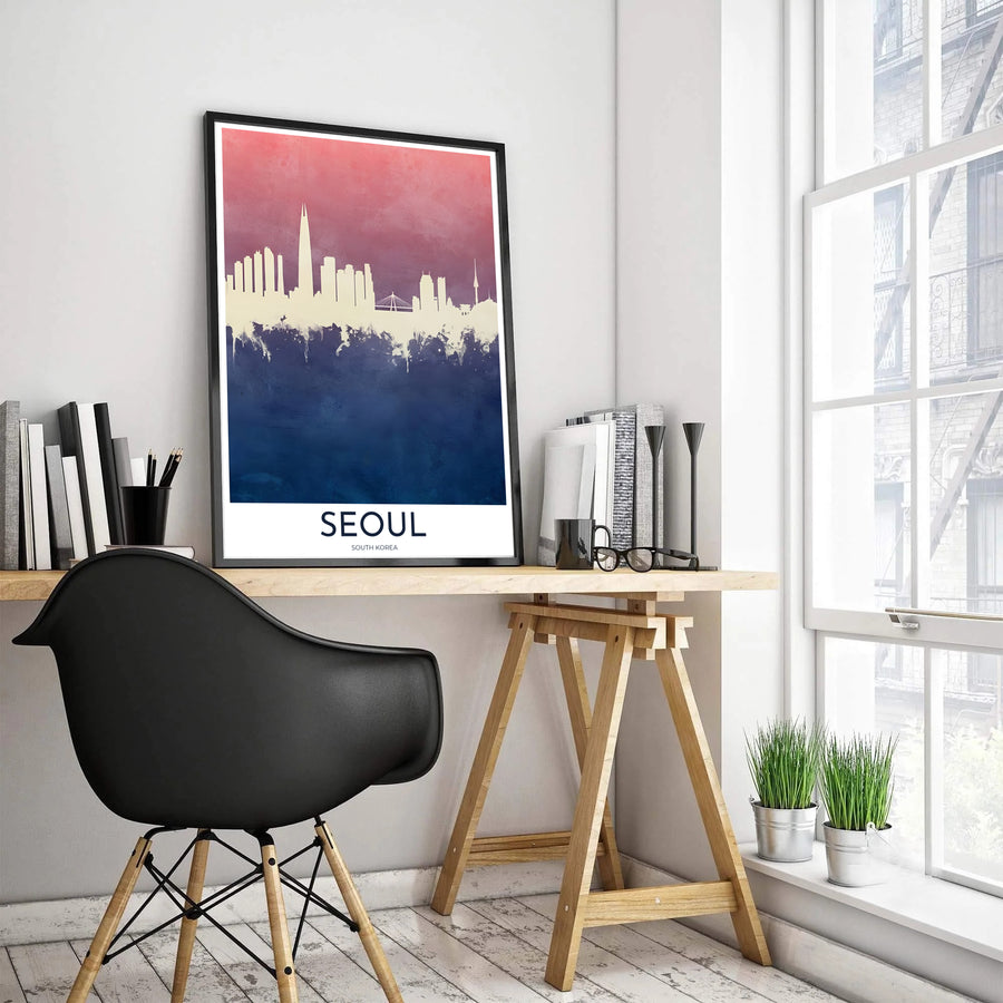 Panoramic style travel poster featuring a white silhouette horizon of Seoul, South Korea, contrasted against a romantic sunset pink and deep indigo blue gradient canvas. Offered by MapYourDreams, this artwork is available in flexible options including unframed paper, custom wooden frames, and gallery canvas wraps.