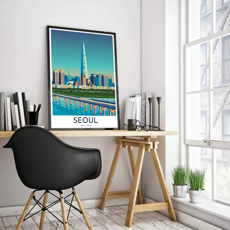 Panoramic visual art print showing Lotte Tower and N Seoul Tower across the river landscape, supplied by MapYourDreams in unframed archival paper, metallic gold frames, and gallery canvas options.