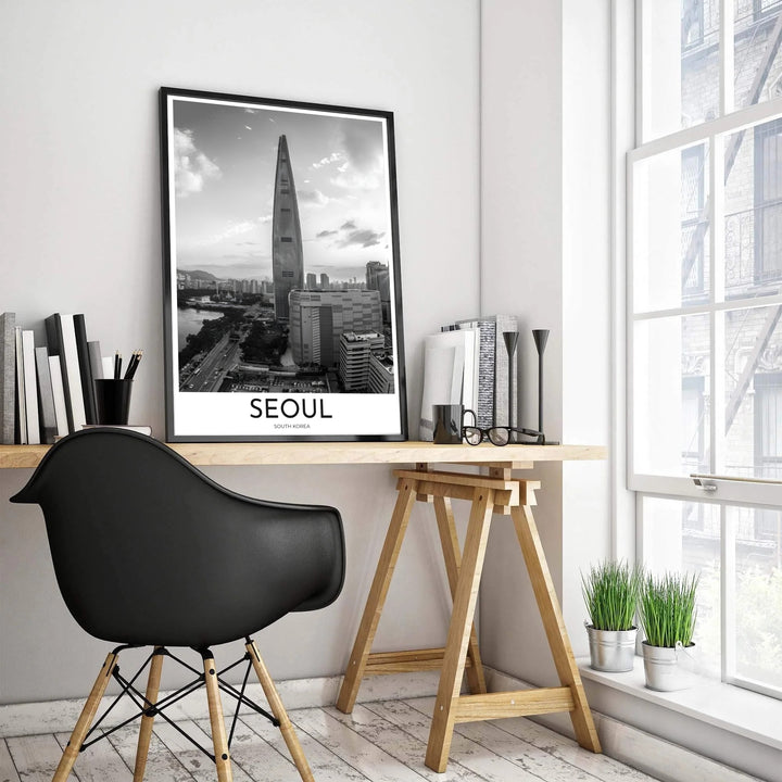 Modern monochrome cityscape travel poster depicting the iconic Lotte World Tower and surrounding city blocks in Seoul, crafted by MapYourDreams in versatile forms including unframed matte paper, wooden frames, and gallery canvas to bring urban metropolitan elegance into your home decor.