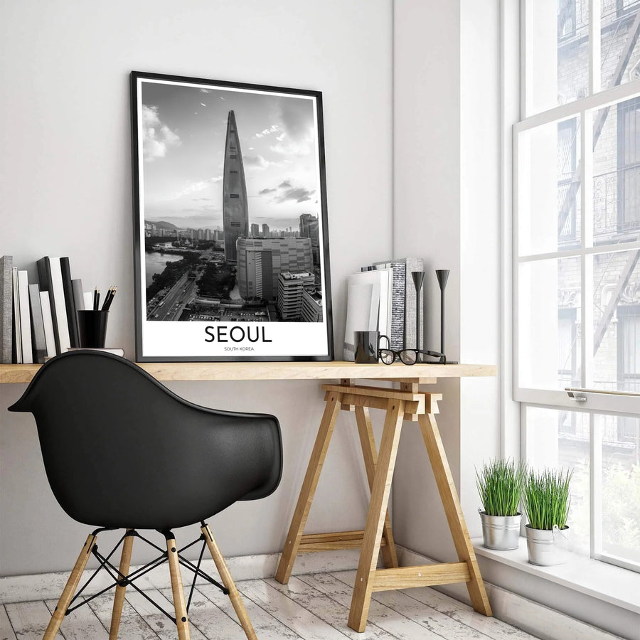 Modern monochrome cityscape travel poster depicting the iconic Lotte World Tower and surrounding city blocks in Seoul, crafted by MapYourDreams in versatile forms including unframed matte paper, wooden frames, and gallery canvas to bring urban metropolitan elegance into your home decor.
