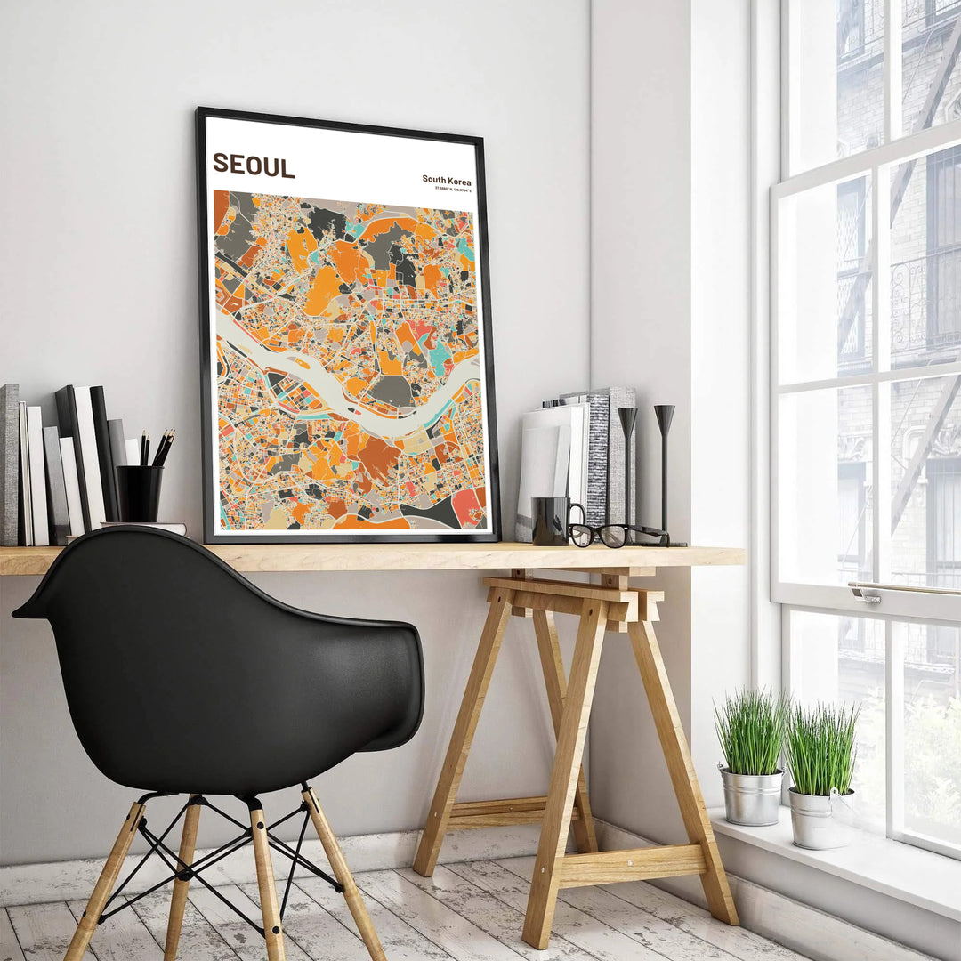 Elegant beige and orange geographic map print highlighting the city districts of Seoul, South Korea, created by MapYourDreams across options like archival unframed prints, solid frames, and canvas wraps that bring cozy, sophisticated charm to any bedroom or hallway gallery wall.