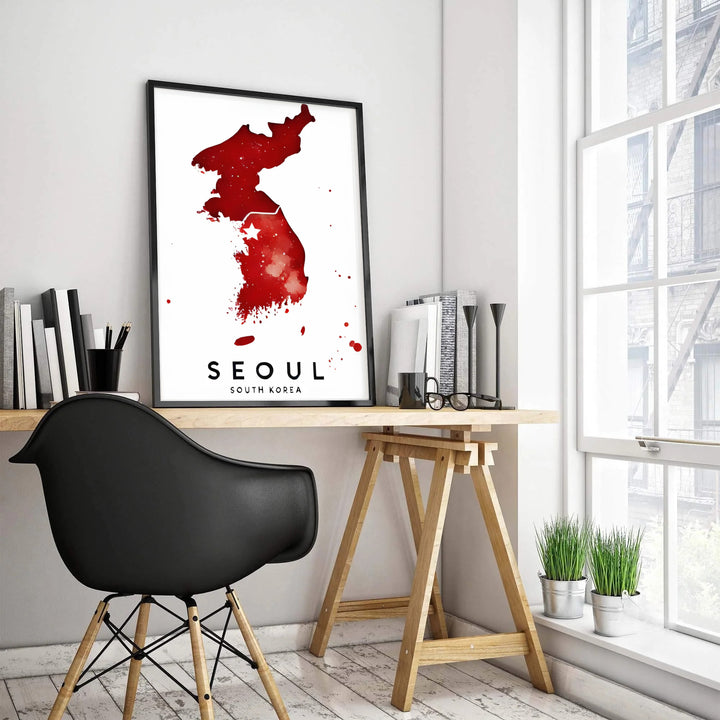 Dramatic red paint splatter peninsula map poster featuring clean typography for Seoul, South Korea, crafted by MapYourDreams in versatile forms including unframed matte paper, wooden frames, and gallery canvas formats engineered for high durability and rich color fidelity.
