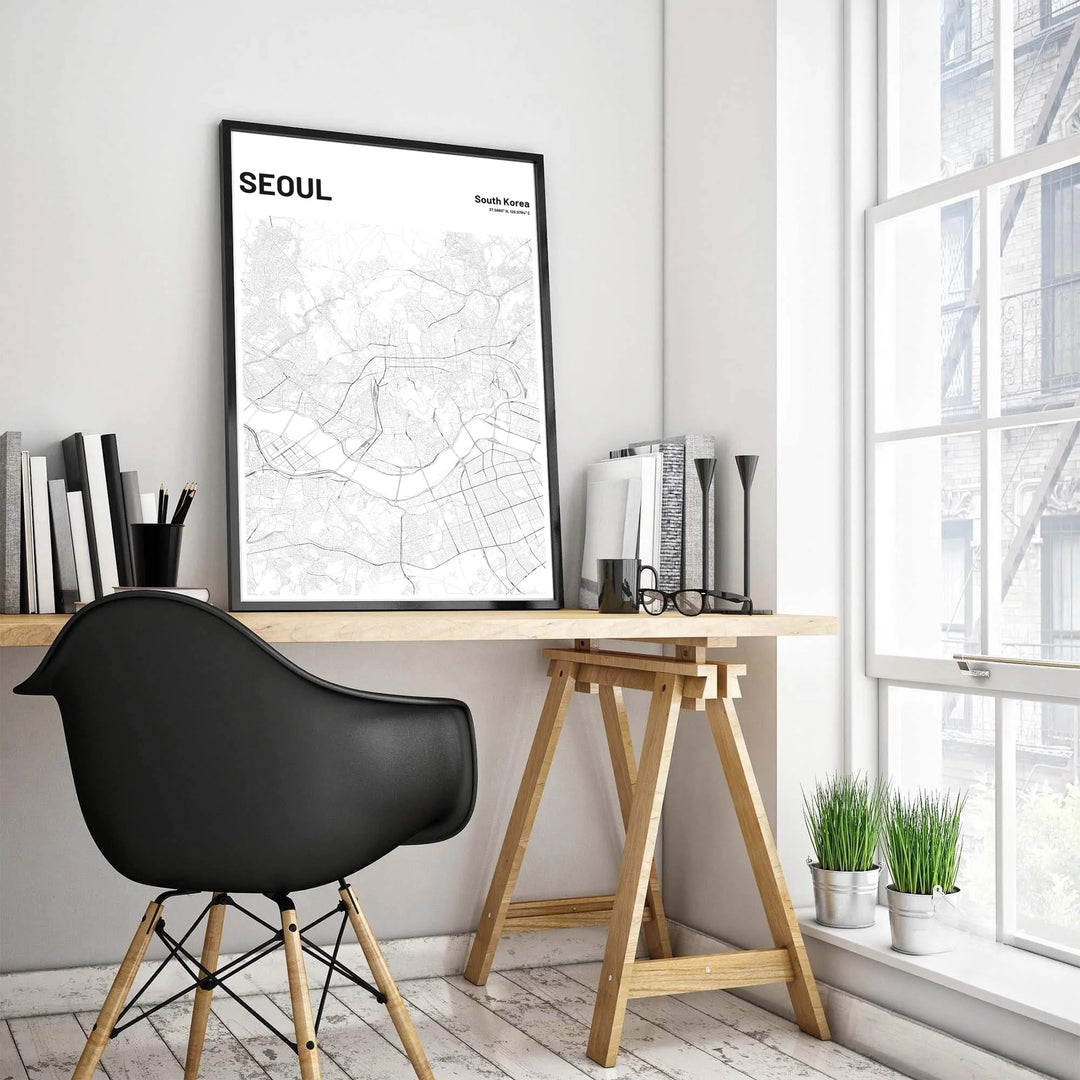 High-contrast seoul city plan wall art print featuring precise road grids and latitude longitude coordinates, crafted by MapYourDreams in adaptable styles including unframed matte paper, wooden frames, and gallery canvas formats engineered for exceptional clarity and long-lasting durability.