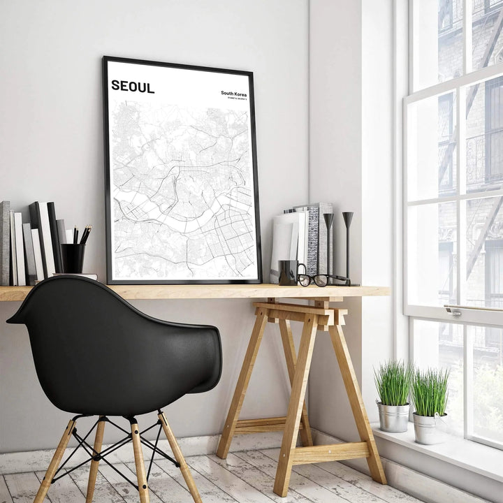 High-contrast seoul city plan wall art print featuring precise road grids and latitude longitude coordinates, crafted by MapYourDreams in adaptable styles including unframed matte paper, wooden frames, and gallery canvas formats engineered for exceptional clarity and long-lasting durability.