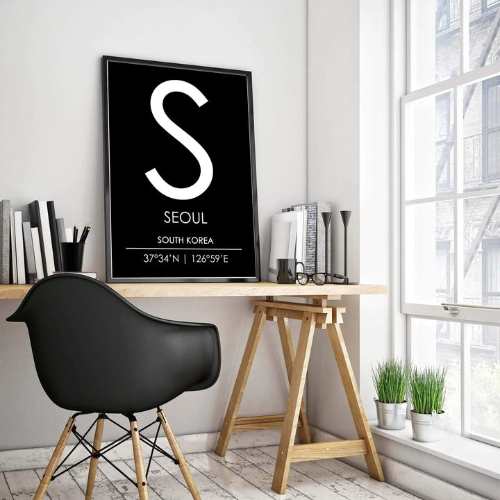 High-contrast seoul city initial wall art print featuring a large white letter S and precise geographical coordinates, crafted by MapYourDreams in adaptable styles including unframed matte paper, wooden frames, and gallery canvas formats engineered for exceptional clarity and long-lasting durability.