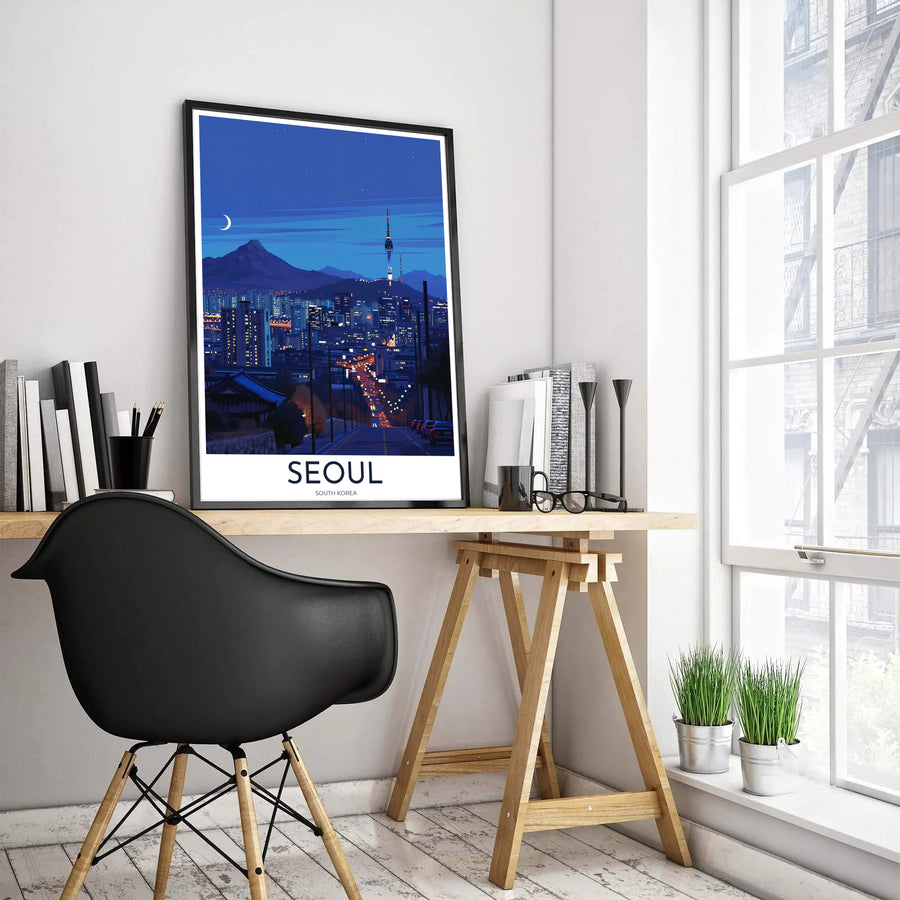 Atmospheric evening cityscape print showing a sloping Seoul street leading toward illuminated downtown skyscrapers, crafted by MapYourDreams in versatile forms including unframed matte paper, wooden frames, and gallery canvas formats engineered for high durability and vibrant color.