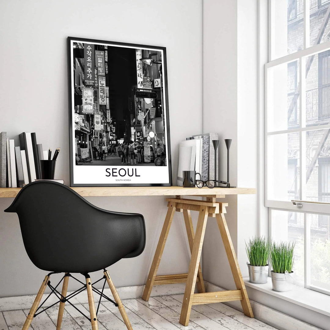 Atmospheric urban street photography print showing a narrow Seoul alleyway bathed in glowing signs and deep shadows, crafted by MapYourDreams in versatile forms including unframed matte paper, wooden frames, and gallery canvas formats engineered for high durability and rich contrast.