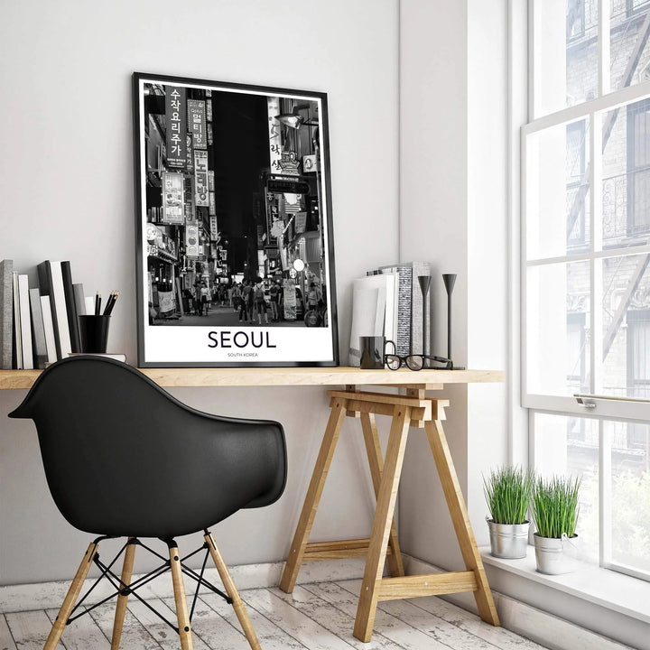 Atmospheric urban street photography print showing a narrow Seoul alleyway bathed in glowing signs and deep shadows, crafted by MapYourDreams in versatile forms including unframed matte paper, wooden frames, and gallery canvas formats engineered for high durability and rich contrast.