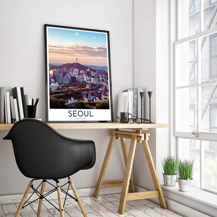 Detailed cityscape photo print illustrating the sprawling urban grid and mountain ridge of Seoul South Korea at sunset, designed by MapYourDreams in customizable choices including unframed archival paper, metallic gold frames, and canvas wraps that effortlessly suit contemporary decor themes.
