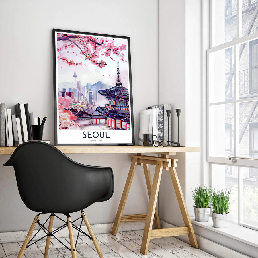 Pastel sky floral print depicting blooming cherry blossom branches over traditional and modern architecture in Seoul South Korea, offered by MapYourDreams in versatile styling formats like unframed paper, custom picture frames, and canvas that add relaxing spring warmth to interiors.