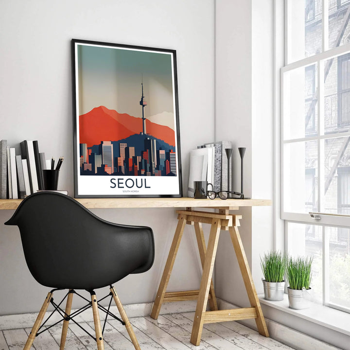 Stylized urban skyline print showing geometric downtown architecture and Namsan Mountain in Seoul South Korea, crafted by MapYourDreams in versatile forms including unframed matte paper, wooden frames, and gallery canvas formats engineered for high durability and rich color.