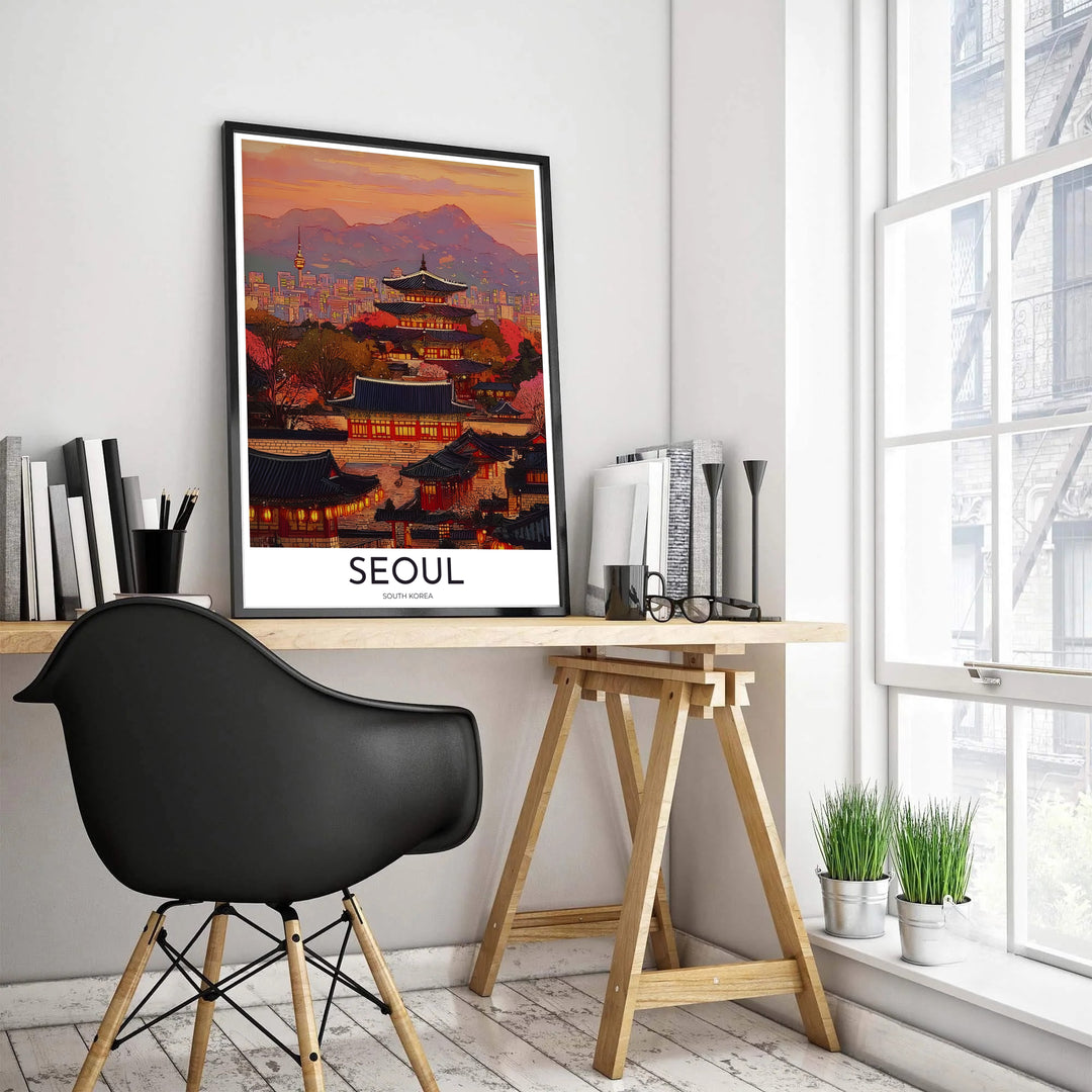 Richly colored sunset art print showing traditional Korean gabled roofs and lanterns in Seoul South Korea, crafted by MapYourDreams in versatile forms including unframed matte paper, wooden frames, and gallery canvas formats engineered for high durability and vibrant color.