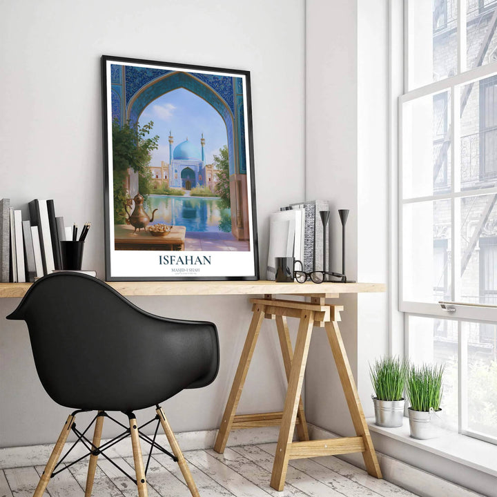 Fine art poster depicting the Shah Mosque facade in Isfahan Iran with delicate mosaic tilework, courtyard trees, and elegant typography. Produced by MapYourDreams, this artwork is available in flexible options including unframed paper, custom wooden frames, and gallery canvas wraps for office wall decor.