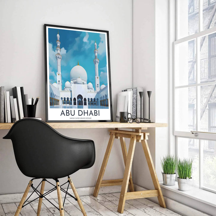 Fine art poster depicting the white marble facade of Sheikh Zayed Grand Mosque in Abu Dhabi with clean typography and golden finial details. Produced by MapYourDreams, this artwork is available in flexible options including unframed paper, custom wooden frames, and gallery canvas wraps for office wall decor.