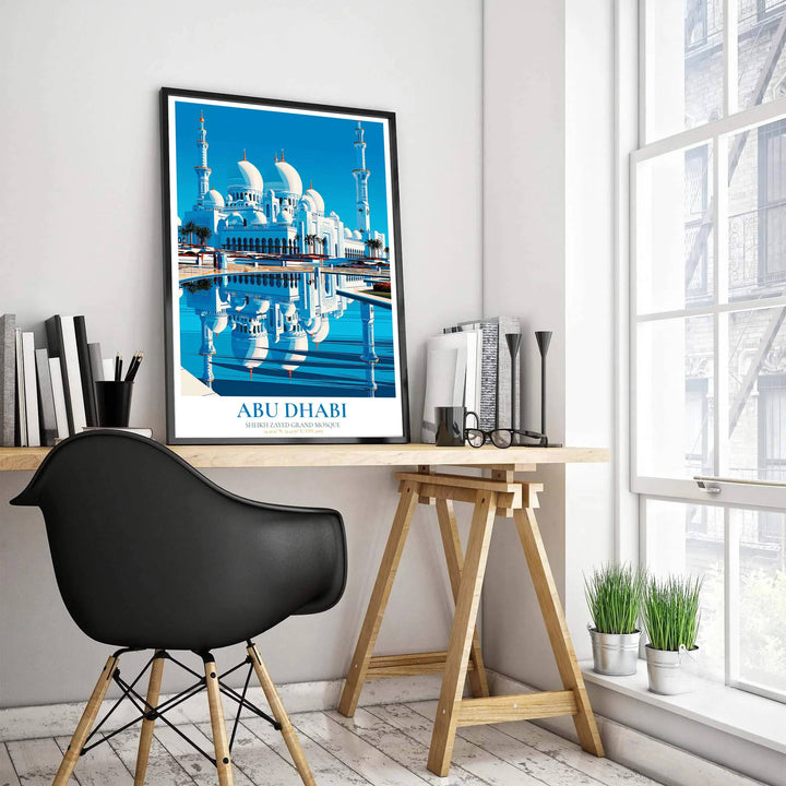 Fine art poster depicting the white marble facade and minarets of Sheikh Zayed Grand Mosque reflected in a blue water basin in Abu Dhabi. Produced by MapYourDreams, this artwork is available in flexible options including unframed paper, custom wooden frames, and gallery canvas wraps for office wall decor.