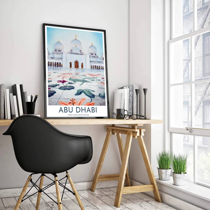 Fine art poster depicting the white marble domes and floral stone mosaics of Sheikh Zayed Grand Mosque in Abu Dhabi with clean typography. Produced by MapYourDreams, this artwork is available in flexible options including unframed paper, custom wooden frames, and gallery canvas wraps for office wall decor.