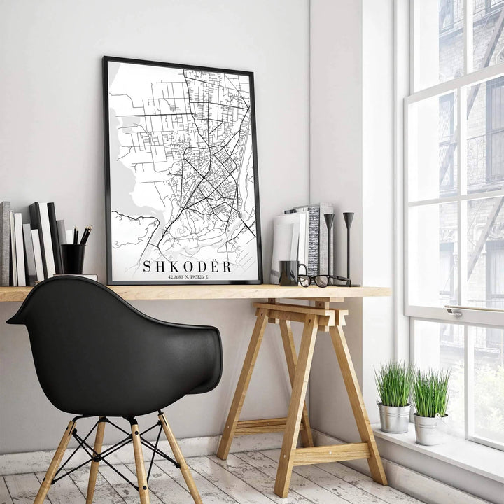 Intricate road lines and lake basins form an artistic abstract map of Shkodër, Albania, perfect for modern offices or living rooms. Offered in versatile formats, including unframed art paper, custom wood framing, and stretched canvas wraps to elevate your space.