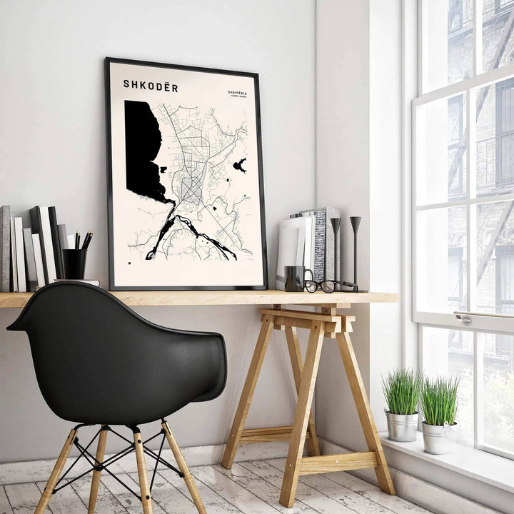 Featuring the native spelling SHKODËR alongside geographic coordinates, this warm off-white hydrology map print celebrates northwestern Albania&