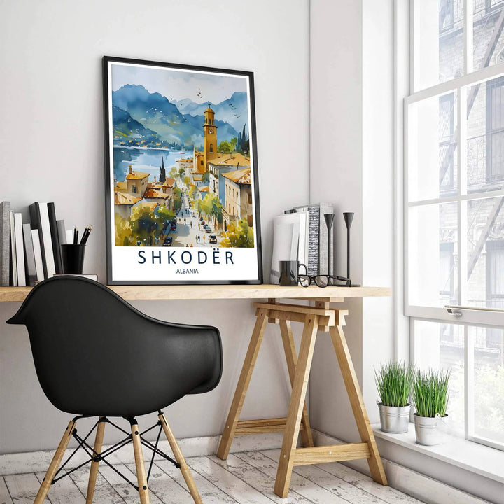 Translucent pigment tones frame the charming historic buildings and bustling street scenes of Shkodër Albania, accented by clean cartographic typography below. MapYourDreams offers this piece printed on archival stock with options for custom frames or canvas wraps to complete your gallery wall.