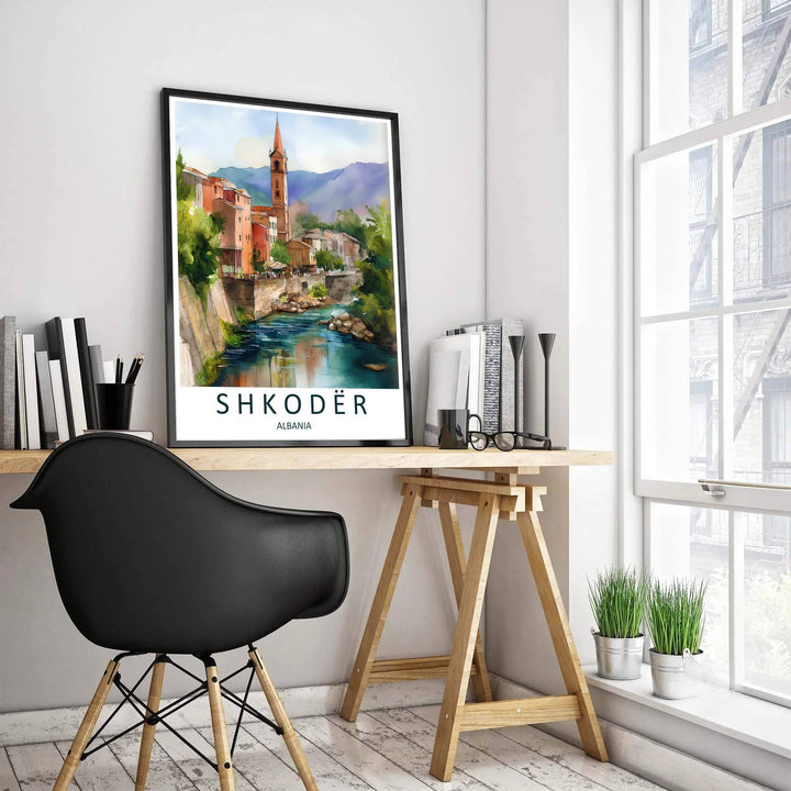 Translucent pigment tones frame the charming historic buildings and flowing river of Shkodër Albania, accented by clean cartographic typography below. MapYourDreams offers this piece printed on archival stock with options for custom frames or canvas wraps to complete your gallery wall.