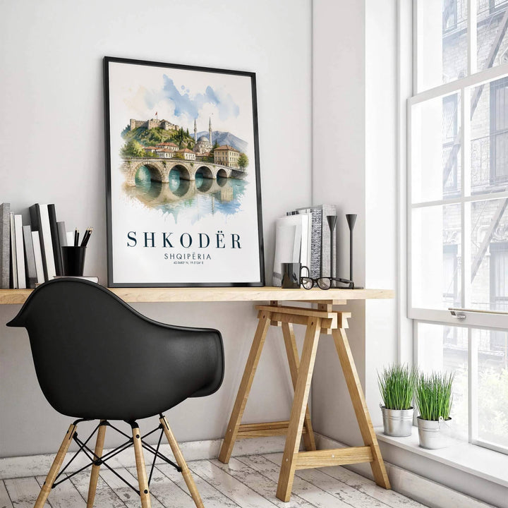 Translucent pigment tones frame the ancient stone ramparts and flowing river of Shkodër Albania, accented by clean cartographic typography below. MapYourDreams offers this watercolor piece printed on archival stock with options for custom frames or canvas wraps to complete your gallery wall.