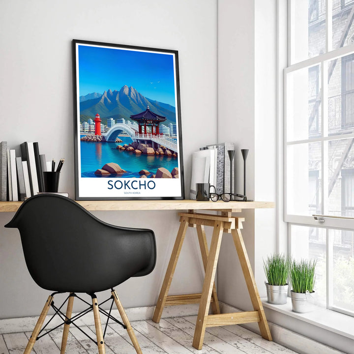 Atmospheric coastal landscape print showing a red lighthouse and Seoraksan Mountain in Sokcho South Korea, crafted by MapYourDreams in versatile forms including unframed matte paper, wooden frames, and gallery canvas formats engineered for high durability and rich color.