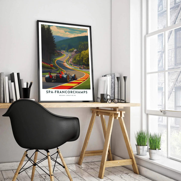 Captivating F1 motorsport art print highlighting the elevation change of Spa-Francorchamps in Belgium with clean modern typography. Offered by MapYourDreams, this artwork is available in flexible options including unframed paper, custom wooden frames, and gallery canvas wraps.