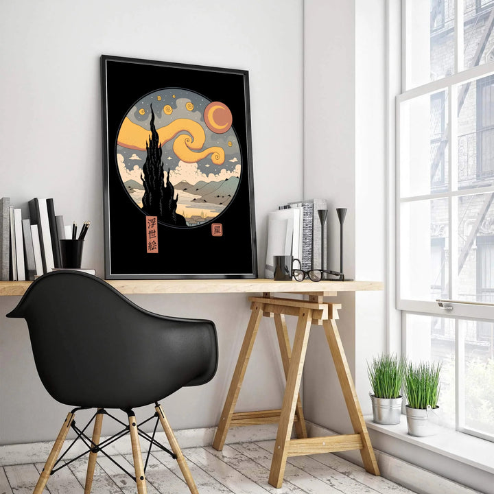 Ukiyo-e style wall art print of Vincent van Gogh Starry Night Ukiyo E 1889 showing a golden crescent moon over Saint-Rémy-de-Provence and Mount Fuji. Choose custom framed wall art, unframed paper prints, or gallery canvas choices at MapYourDreams for unique 1889 Van Gogh decor setups.