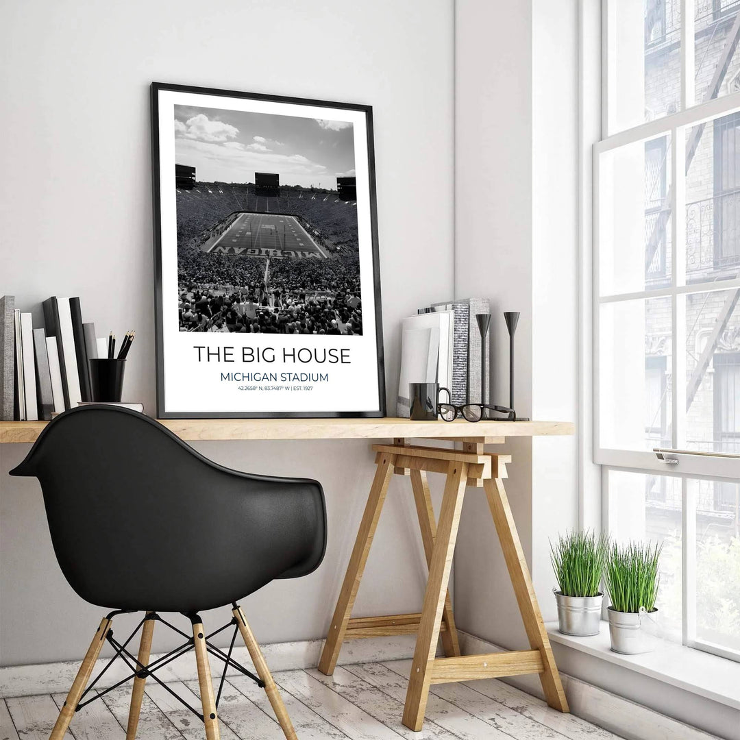 Fine art photo poster of The Big House with latitude and longitude coordinates and EST 1927 establishment date at base. Released by MapYourDreams, this artwork is available in flexible options including unframed paper, custom wooden frames, and gallery canvas wraps for home wall art.