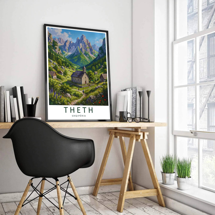 Snow-dusted crags tower over the tranquil alpine valley of Theth Albania, accented by clean cartographic typography reading Theth Shqipëria at the base. MapYourDreams offers this piece printed on archival stock with options for custom frames or canvas wraps to complete your gallery wall.