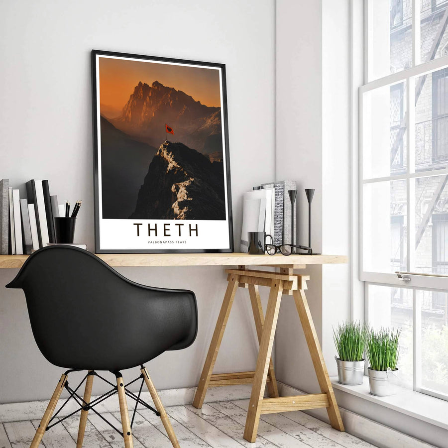 Cinematic lighting highlights the dramatic cliff edges and towering alpine ridges of Valbona Pass, accented by clean cartographic typography at the base. MapYourDreams offers this piece printed on archival stock with options for custom frames or canvas wraps to complete your gallery wall.